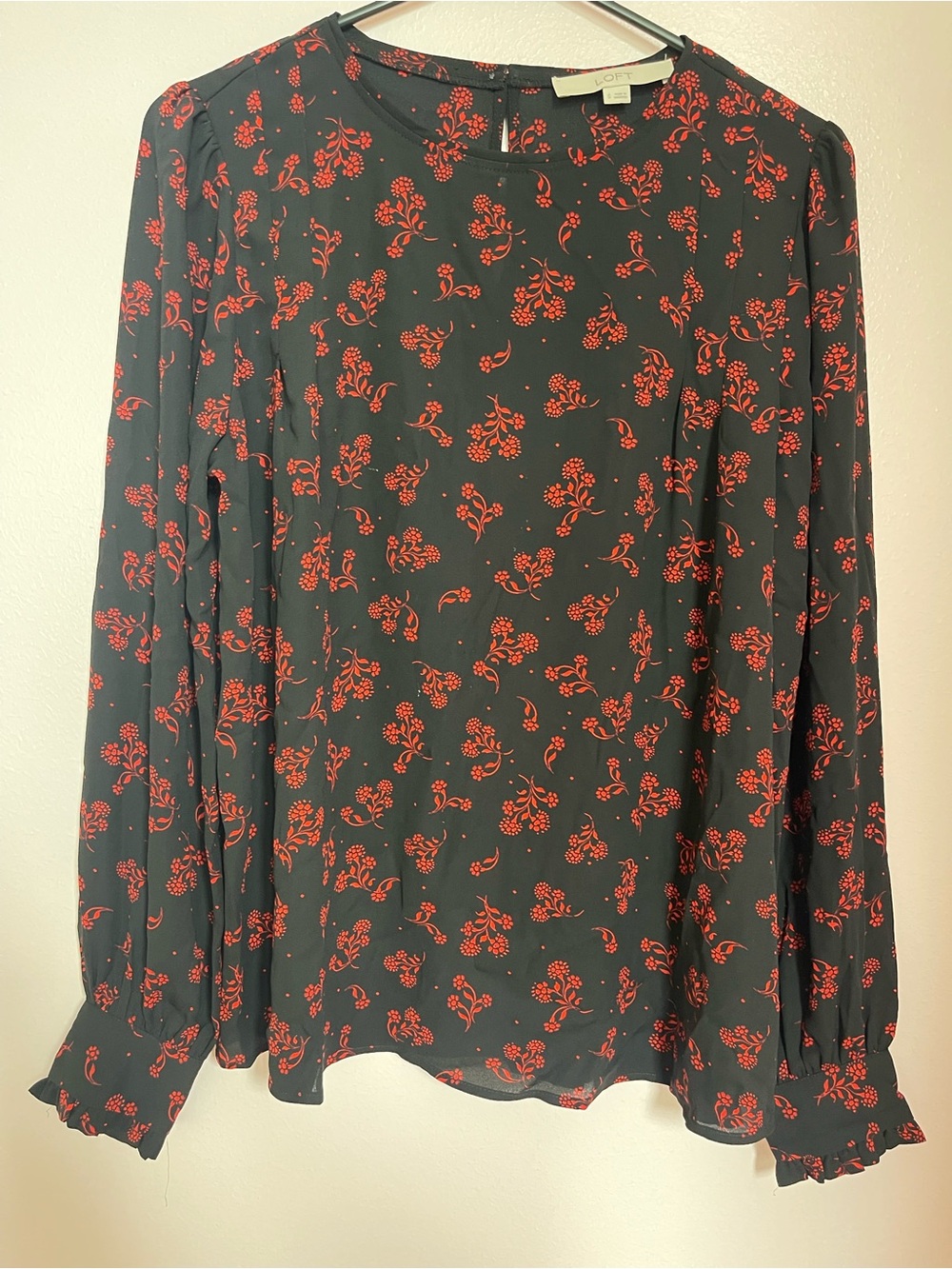 LOFT Black Blouse with Red Floral Print